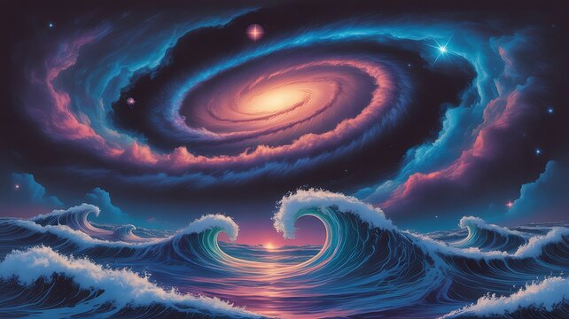 Vast ocean waves crash under a swirling galaxy and nebula in a surreal cosmic landscape