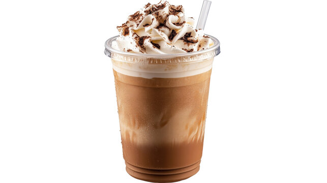 Iced coffee drink in plastic cup with whipped cream and chocolate powder topping cold