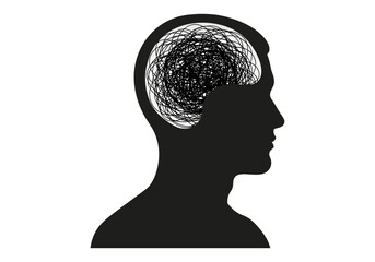 Silhouette of a head with a tangled mess inside the brain.