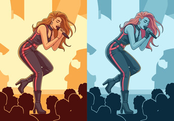 Woman singing into microphone on stage with audience.