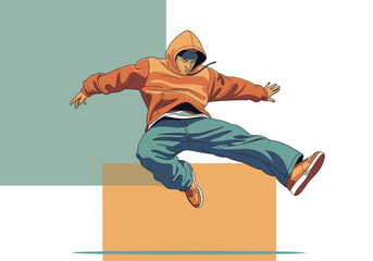 Young man in a hooded sweatshirt and loose pants performing a dynamic jump.