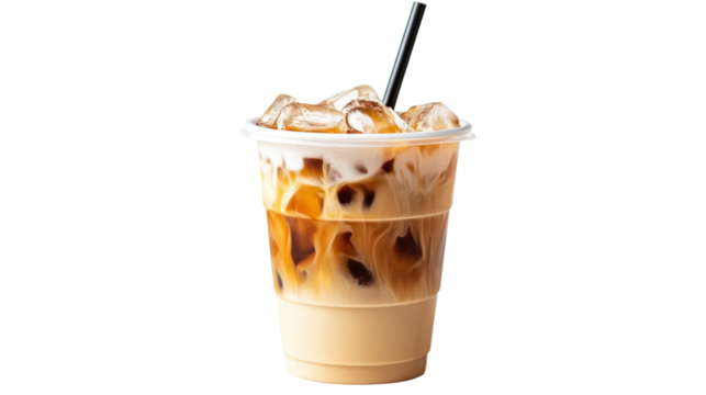 Iced latte with straw in plastic cup. Refreshing summer beverage. Close up