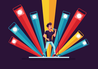 Person singing on stage with colorful spotlights behind.