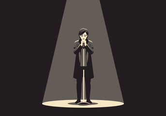 Person stands in spotlight, hands clasped in prayer or anticipation.