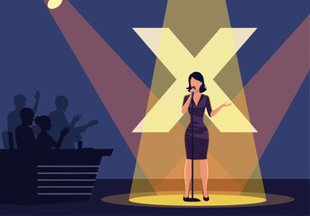 Woman singing on stage under spotlights with audience silhouette.