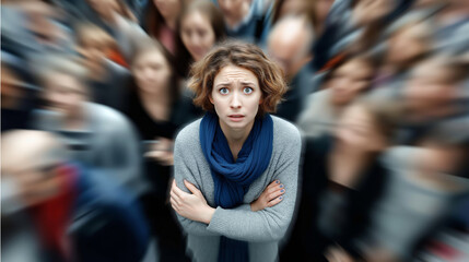 Woman feeling fear and stress, having mental breakdown in public place, dealing with phobia, surrounded by blurry faces