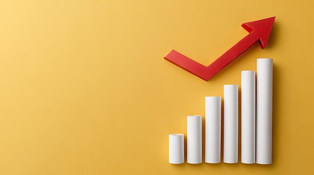 Creative representation of business growth with upward arrow and bar graph on a vibrant yellow background