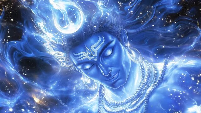 An artistic representation showcases Shiva in his blue cosmic form surrounded by swirling celestial patterns and light