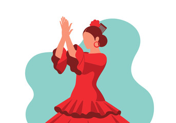 Woman in red dress clapping hands, performing a dance.