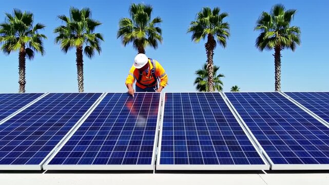 A worker in safety gear installs solar panels on a rooftop under palm trees on a clear, sunny day