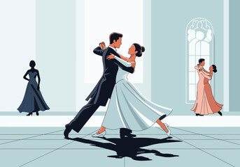 Couple dancing elegantly in a ballroom with other dancers.