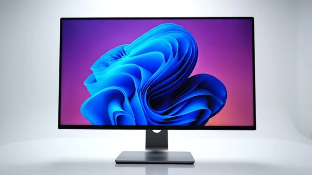 Modern Computer Monitor Displaying Vibrant Windows 11 Wallpaper on White Background.