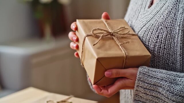 A person in a gray sweater holding a rectangular brown wrapped gift tied with twine
