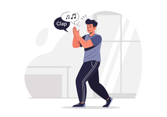 Man clapping hands with sound and speech bubbles overhead.
