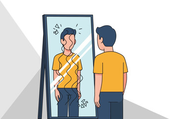 Man looking at distorted reflection in a mirror.