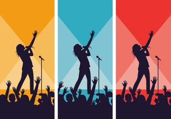 Silhouetted singer performs on stage with spotlights and cheering crowd.