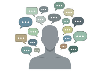 Silhouette of a person surrounded by many speech bubbles.