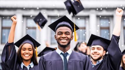 Group of young diverse graduates celebrating academic achievement by throwing their caps, expressing joy and future aspirations