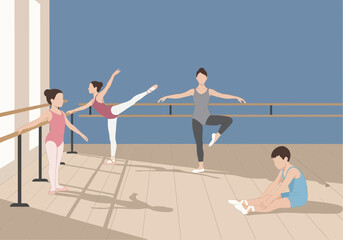 Dancers practice ballet at a barre in a studio.