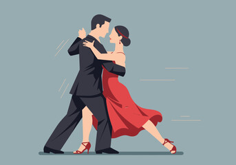 Couple dancing tango in formal attire, woman in red dress.