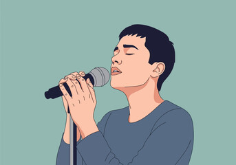 Person singing into a microphone with eyes closed, hands holding the mic.