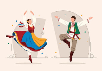 Couple in traditional folk costumes dancing with festive elements.