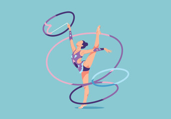 Gymnast performs with multiple hoops in a graceful dance pose.