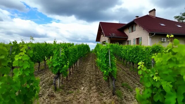 Vineyard rows lead to a house with a red roof under a cloudy sky. Green leaves and stone rows