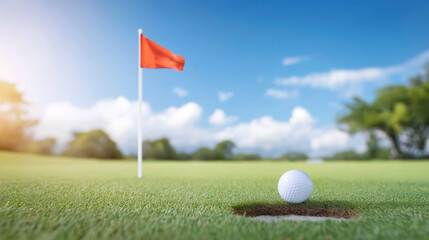 Obraz premium Golf ball balancing on the edge of the hole on a perfectly manicured putting green, beside a bold red flag waving under a clear, azure sky