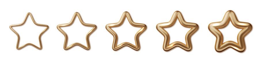Realistic gold star set. 3D metallic star in different styles and sizes. Shiny Christmas symbols PNG.