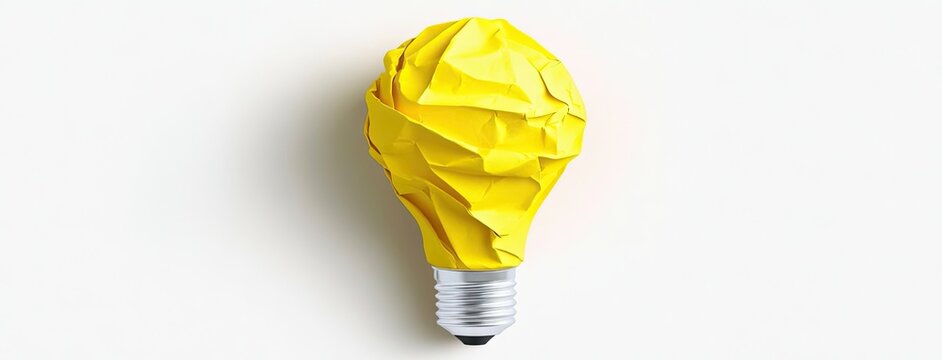 Creative design of a crumpled yellow paper light bulb representing innovative ideas on a clean white background - Powered by Adobe