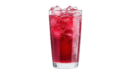 Sparkling Red Soda Drink with Ice Cubes in Tall Glass Studio Shot on Clear