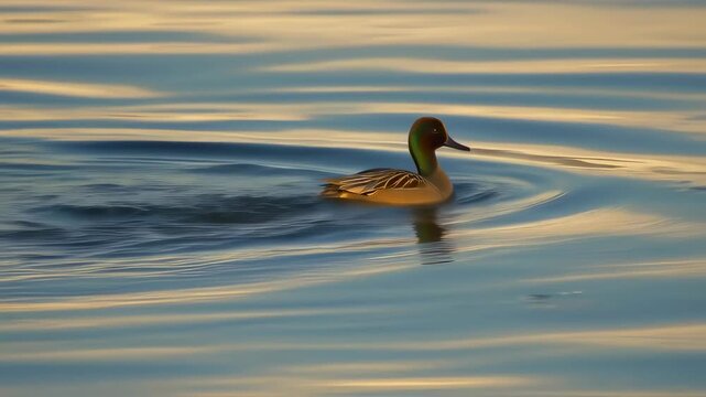 Two ducks swimming peacefully on a calm lake during sunset with golden light reflecting on the water.