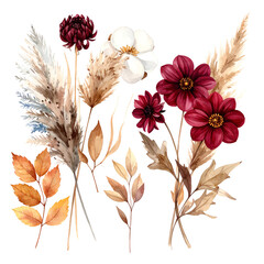 A rustic arrangement of dried flowers, leaves, and feathers