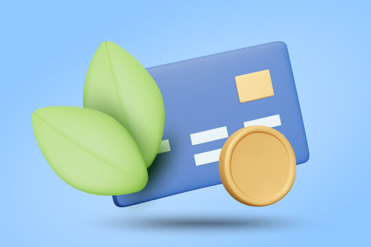 3D illustration vector render of credit card icon with coins and green leaves. Responsible spending concept, sustainable finance for bank, environmental impact reduction project.