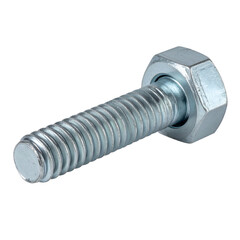 Silver metal hex bolt with threaded shaft and nut