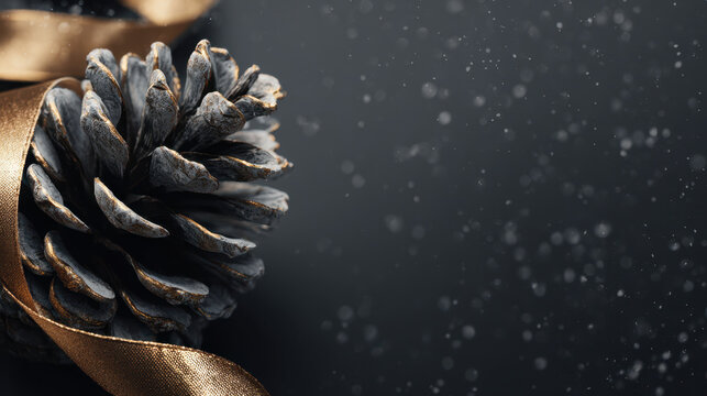 Frosted brown pine cone with winter snow detail