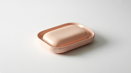 A product photo of a minimalist rectangular soap dish in matte pink against a pure white background.