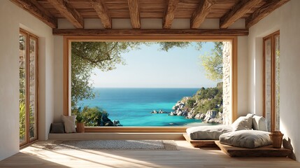 Fototapeta premium Coastal living room design with ocean view and wooden ceiling mediterranean interior design inspiration