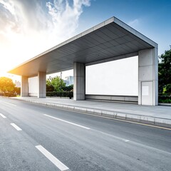 Modern bus stop with blank billboards and a sunny sky
