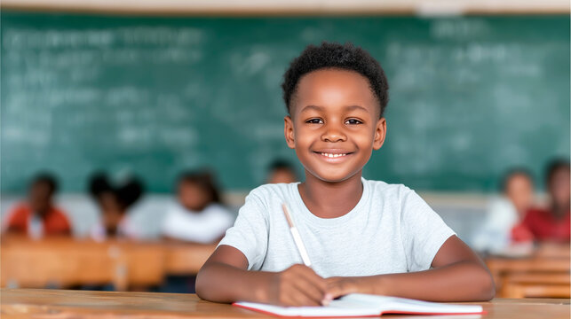 Young Black boy smiling at a school desk, holding a pencil and notebook with a classroom in the background