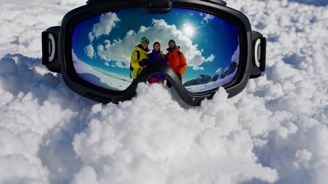 Goggles in snow reflect friends on mountain. Reflection shows group in outdoor adventure. Winter scene with friends in snow, goggles capturing moment. Mountain sky above winter snow landscape