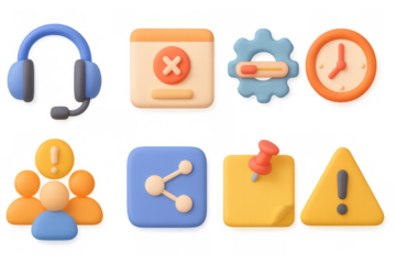 3d icon set with colorful gear, alert symbols, and headphones