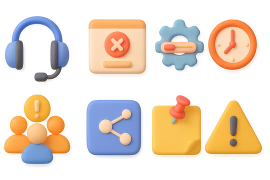 3d icon set with colorful gear, alert symbols, and headphones