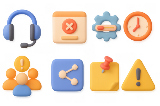 3d icon set with colorful gear, alert symbols, and headphones