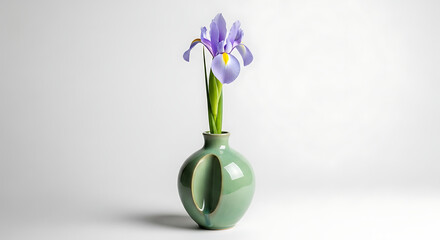 Single iris flower in a green vase with oval cutouts on a white background in a studio setting ai generated