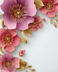 Luxury 3D floral illustration featuring pink and purple flowers with golden leaves on a soft pastel background, perfect for wedding invitations, Mother’s Day, and luxury decorative designs.