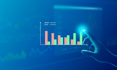 Digital data analysis with hand pointing at virtual profit and cost bar chart, illustrating business growth, performance tracking, financial strategy, smart decision-making in modern technology