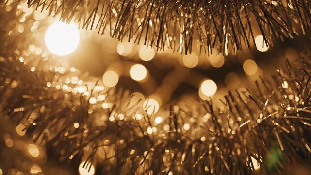 Golden tinsel strands with blurred lights against a dark background create a warm festive holiday decoration