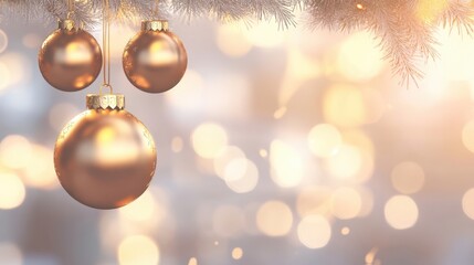 Gold Christmas ornaments on a blurred holiday backdrop